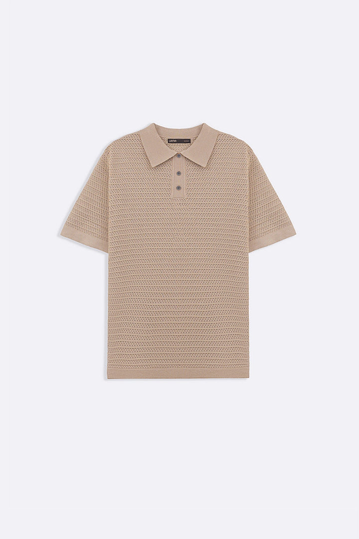 BEIGE KNITTED MESH POLO