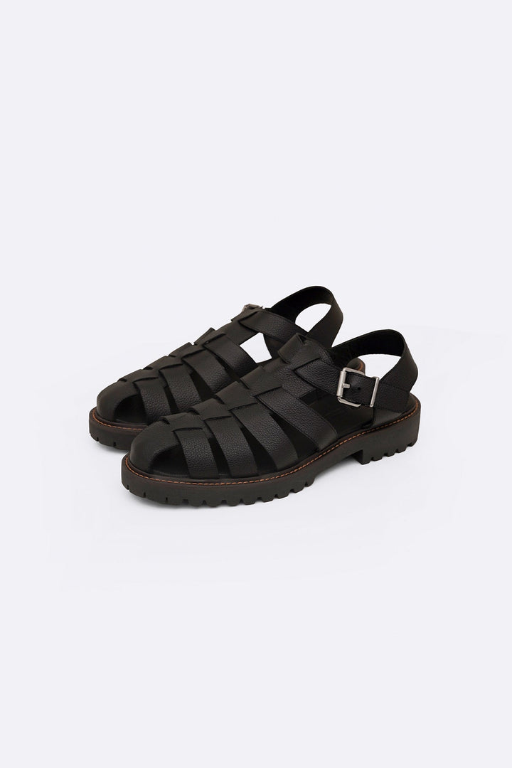 BLACK LEATHER FISHERMAN SANDALS