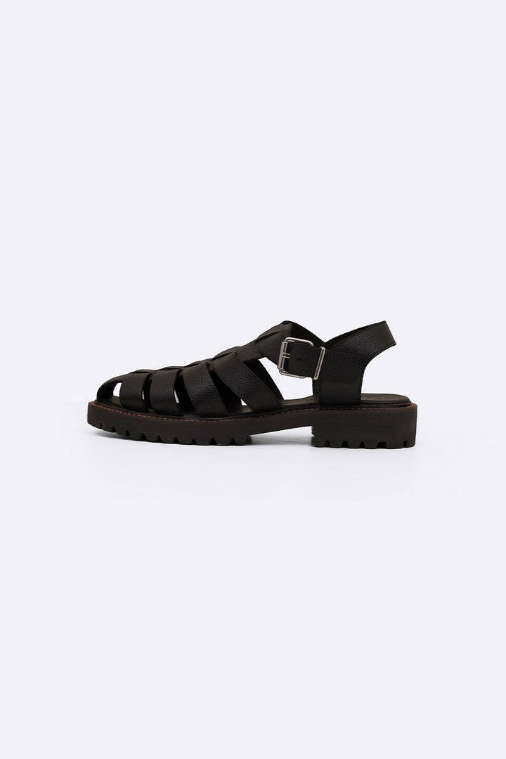 BLACK LEATHER FISHERMAN SANDALS