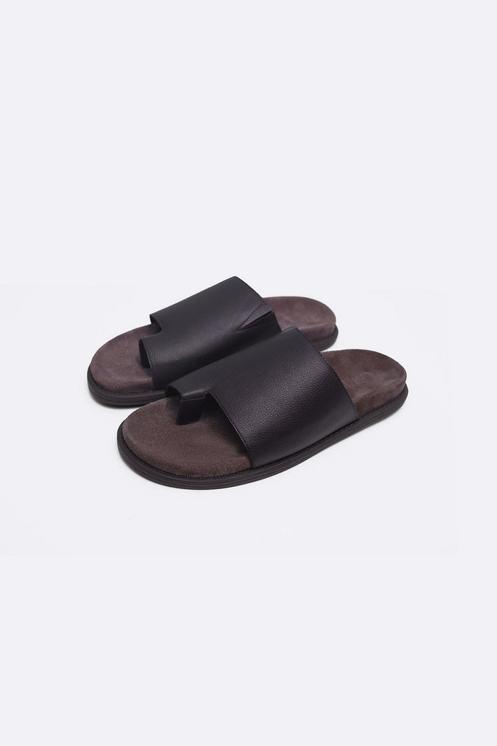 BROWN TOE LOOP LEATHER SLIDES