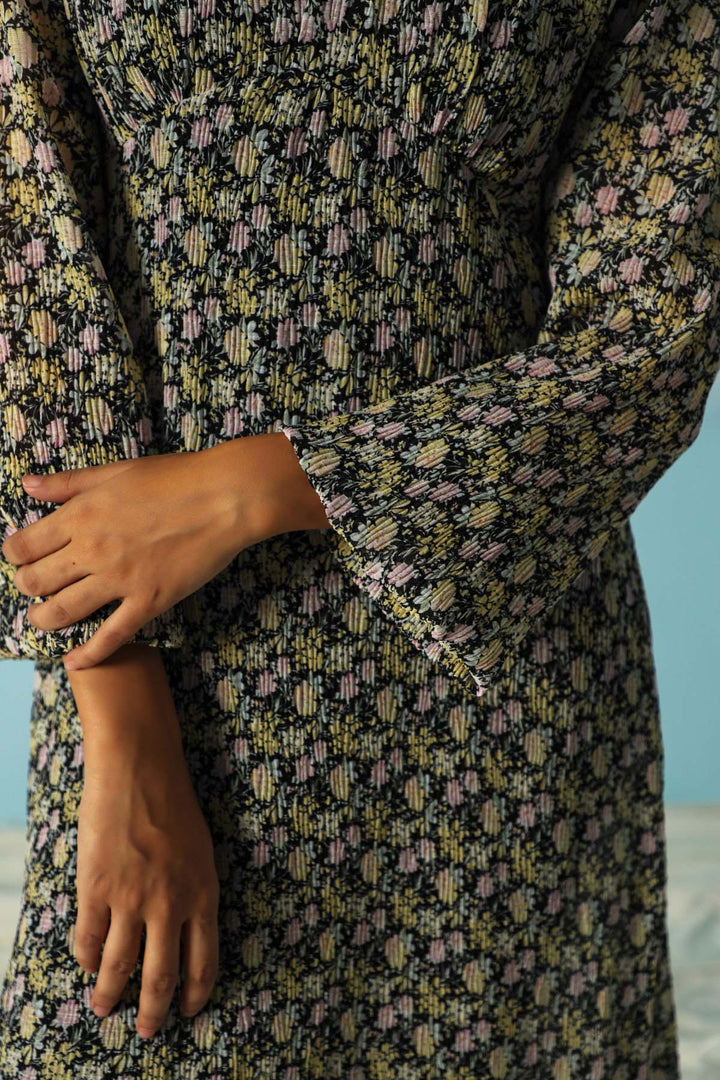GREEN CRINKLE FULL-LENGTH DRESS