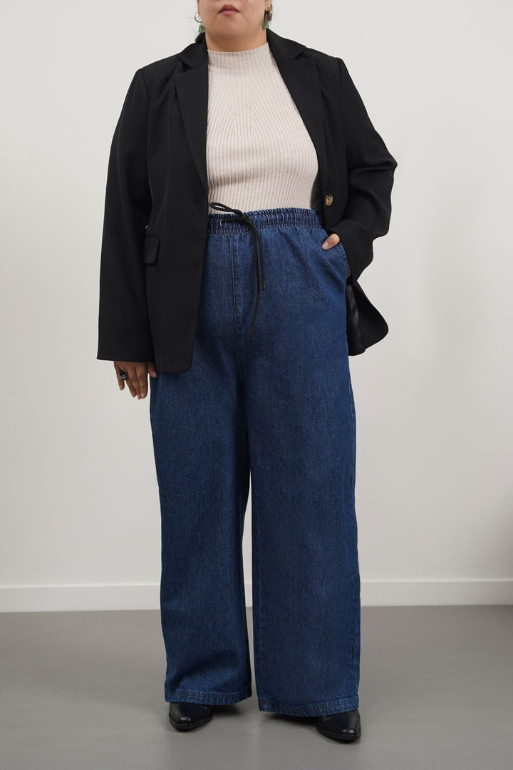 DARK BLUE CURVE STRETCHY WAIST WIDE JEANS