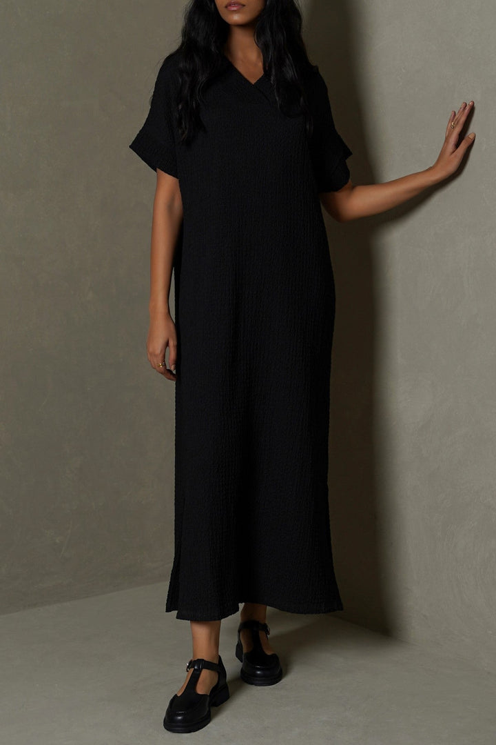 BLACK CRINKLE CASCADE DRESS