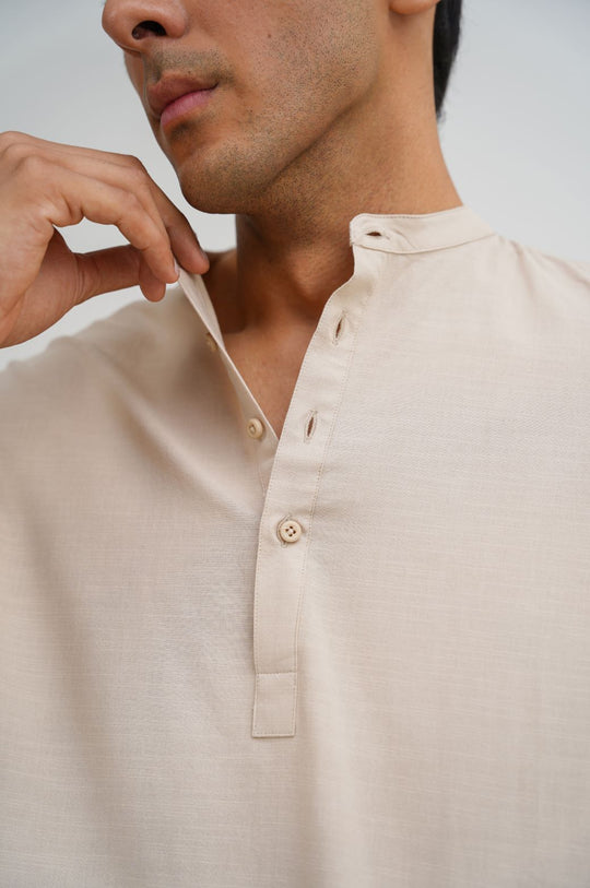 BEIGE BAND COLLAR SHIRT