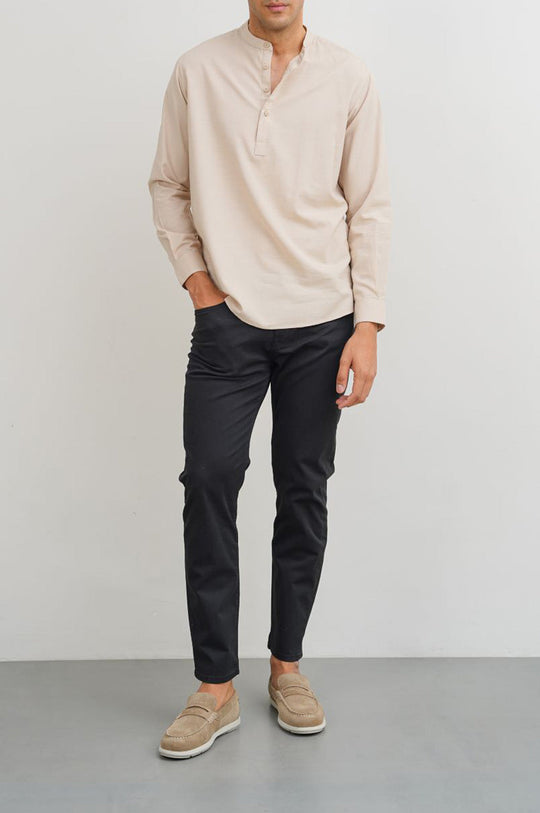 BEIGE BAND COLLAR SHIRT