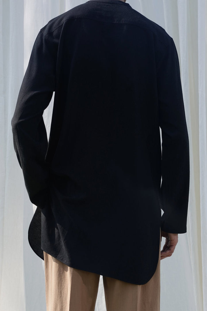 BLACK LINEN BLEND LONG SHIRT