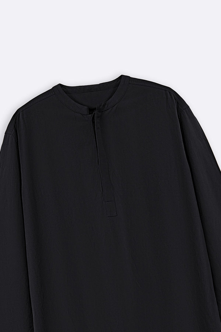 BLACK LINEN BLEND LONG SHIRT