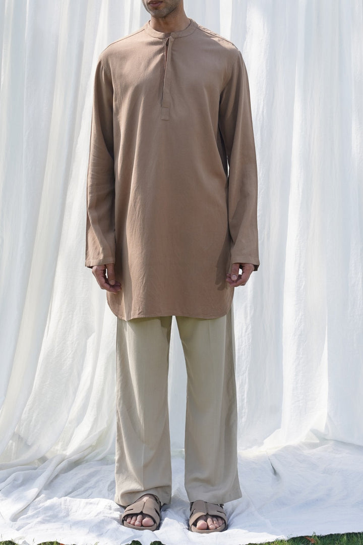KHAKI LINEN BLEND LONG SHIRT
