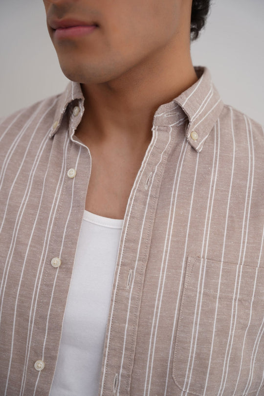 BEIGE LINEN-BLEND STRIPED SHIRT