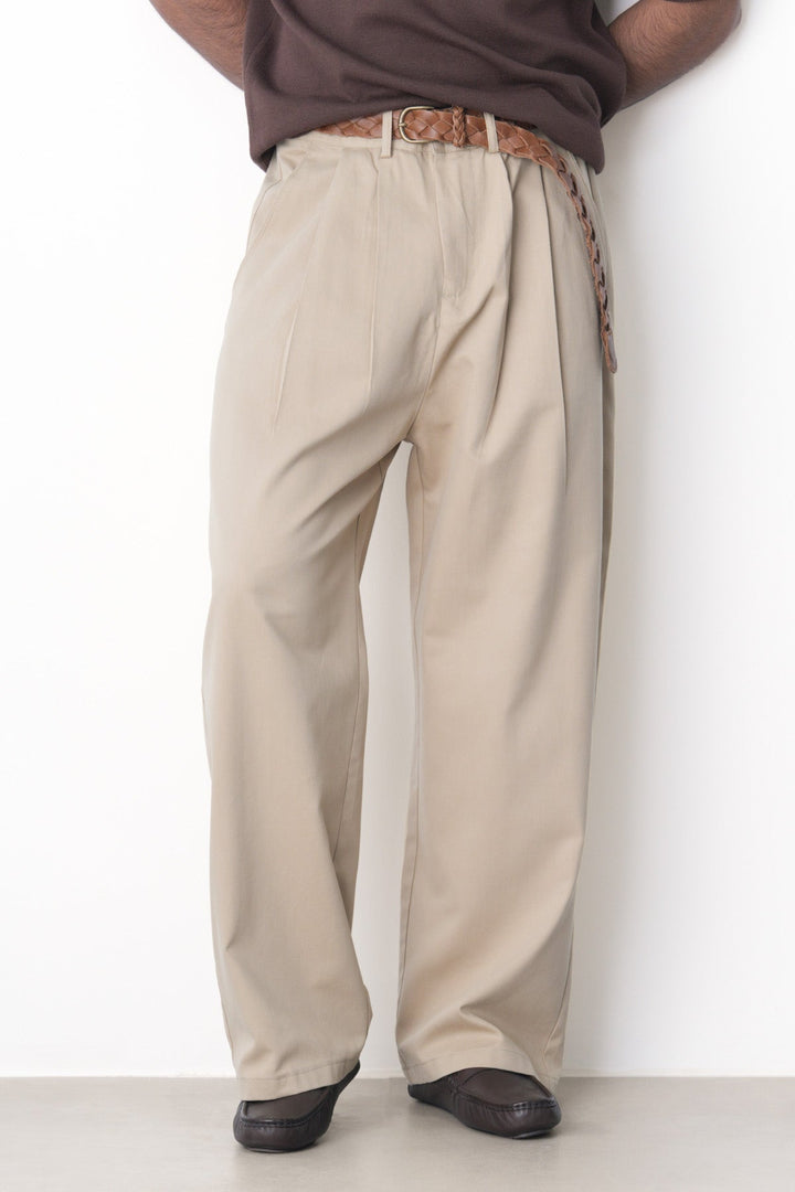 BEIGE-DOUBLE PLEAT TWILL PANTS