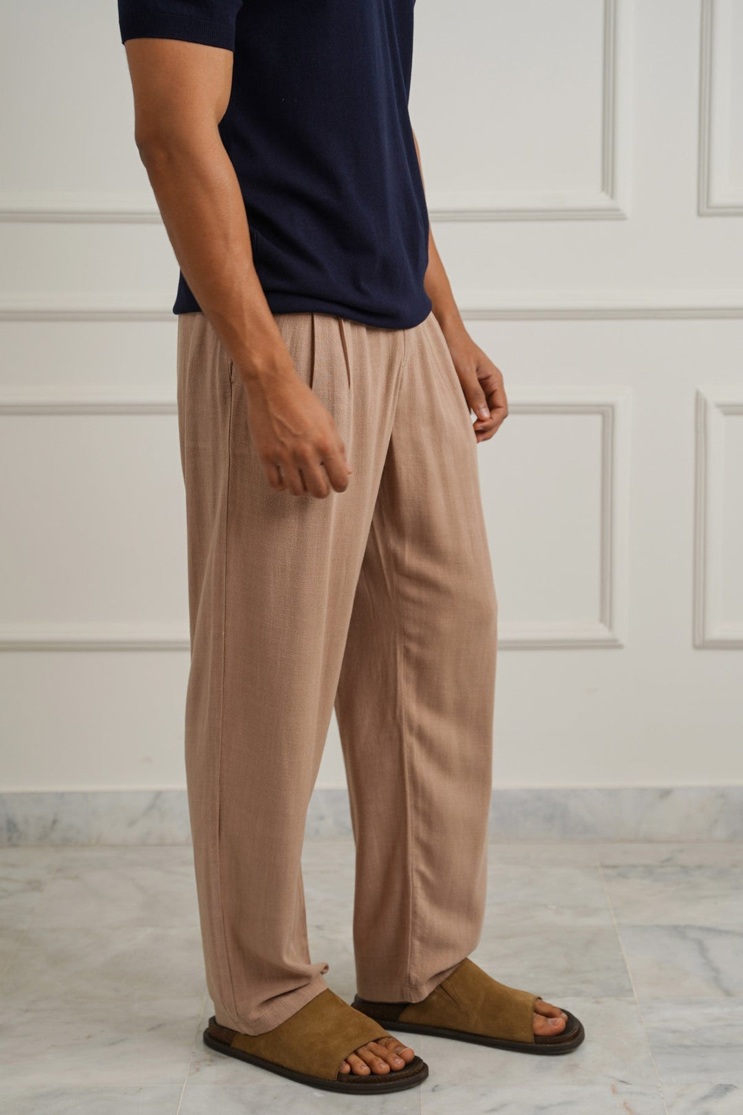 TAUPE LINEN BLEND BAGGY PANTS