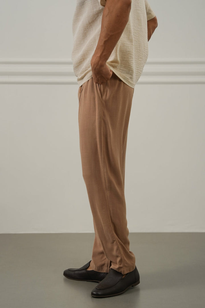 KHAKI FLOWY BLENDED LINEN TROUSERS