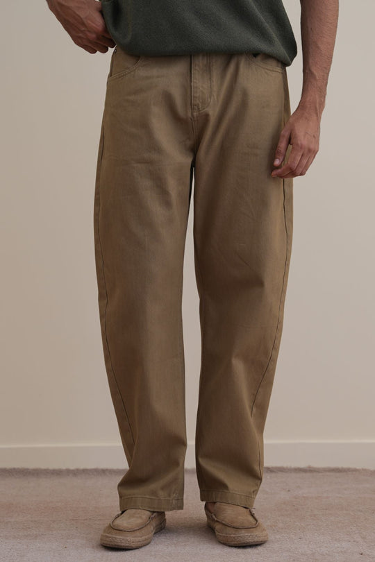 KHAKI TWILL BARREL JEANS