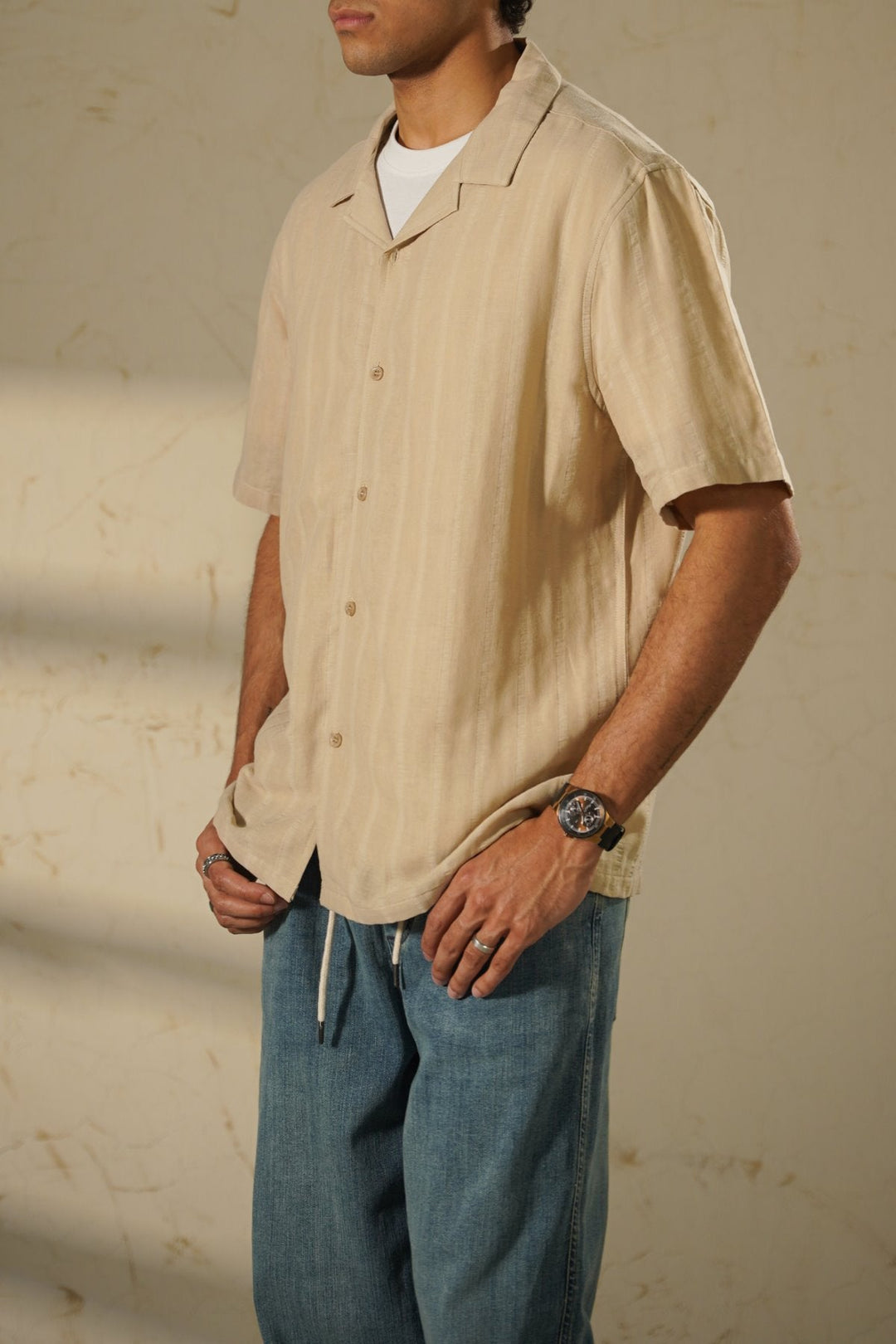 BEIGE CUBAN JACQUARD SHIRT