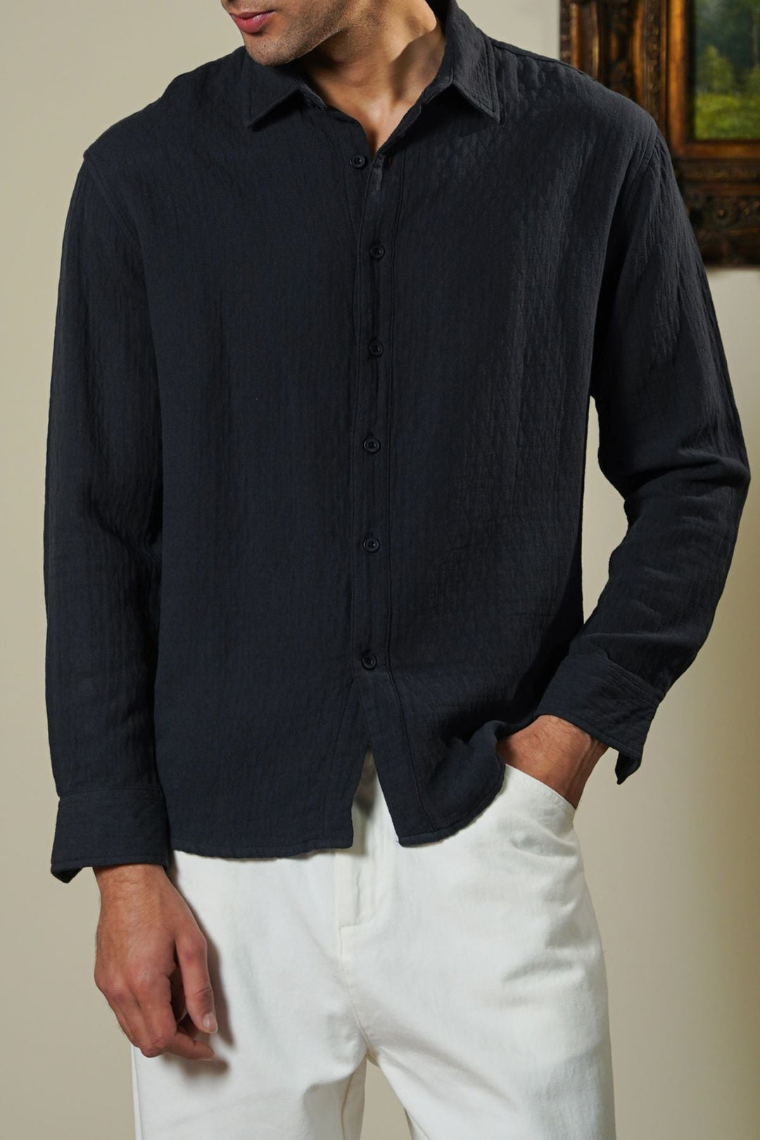 NAVY QUILT EFFECT JACQUARD SHIRT