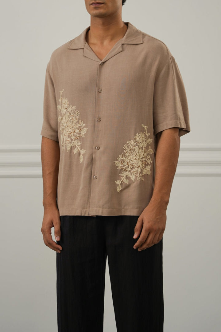TAUPE EMBROIDERED LINEN BLEND SHIRT
