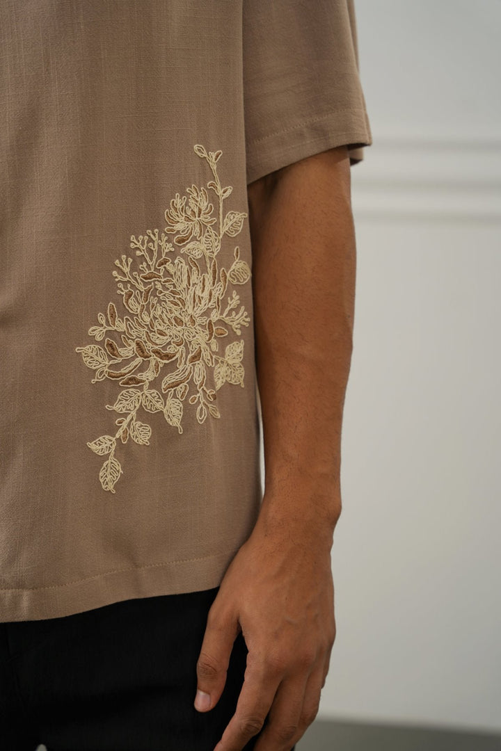 TAUPE EMBROIDERED LINEN BLEND SHIRT