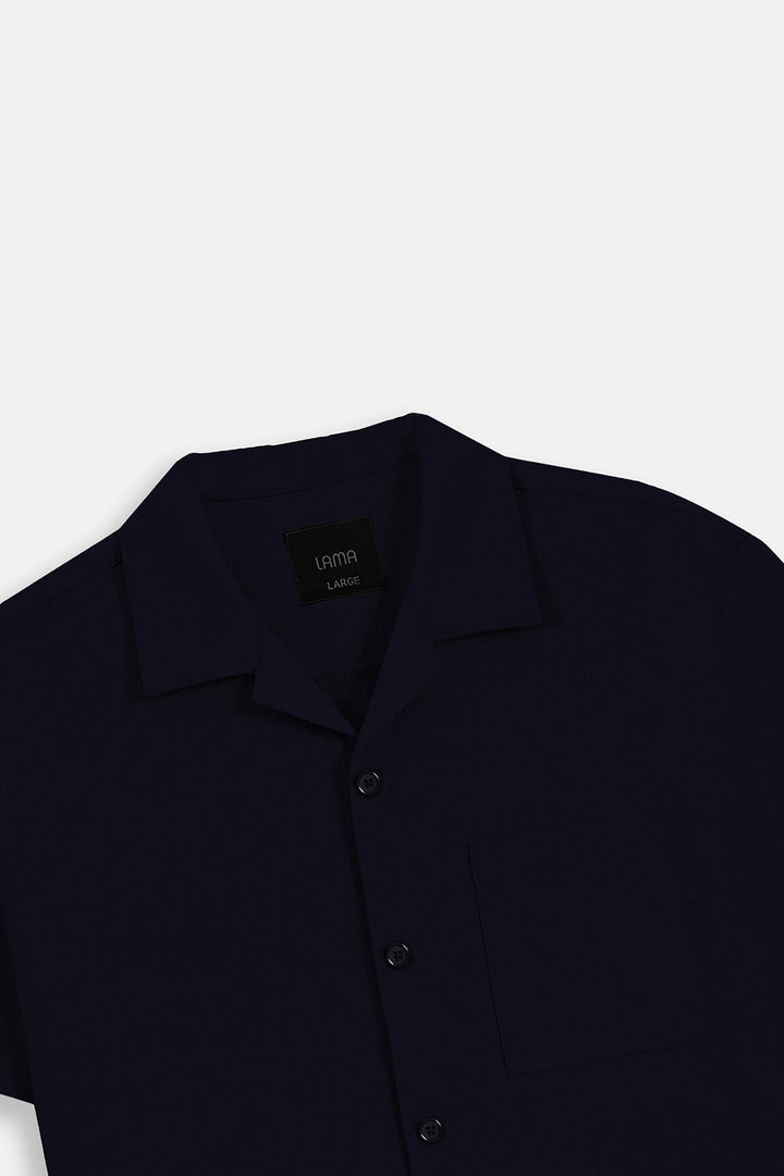 NAVY SEERSUCKER CAMP COLLAR SHIRT