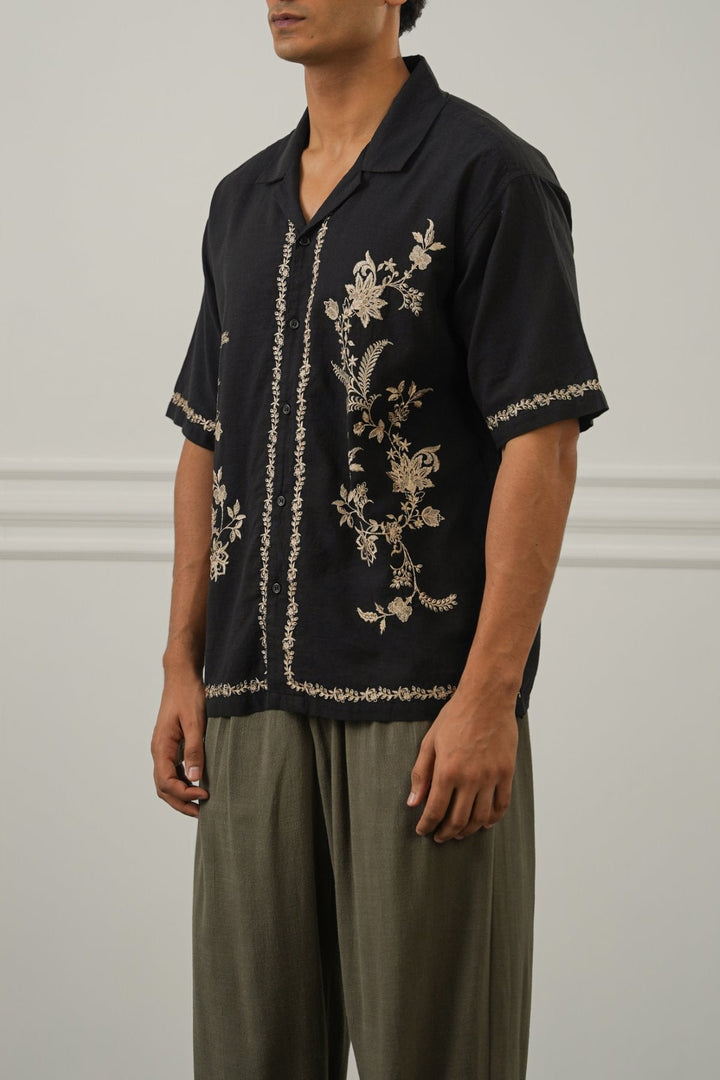 BLACK ASYMMETRIC EMBROIDERED SHIRT
