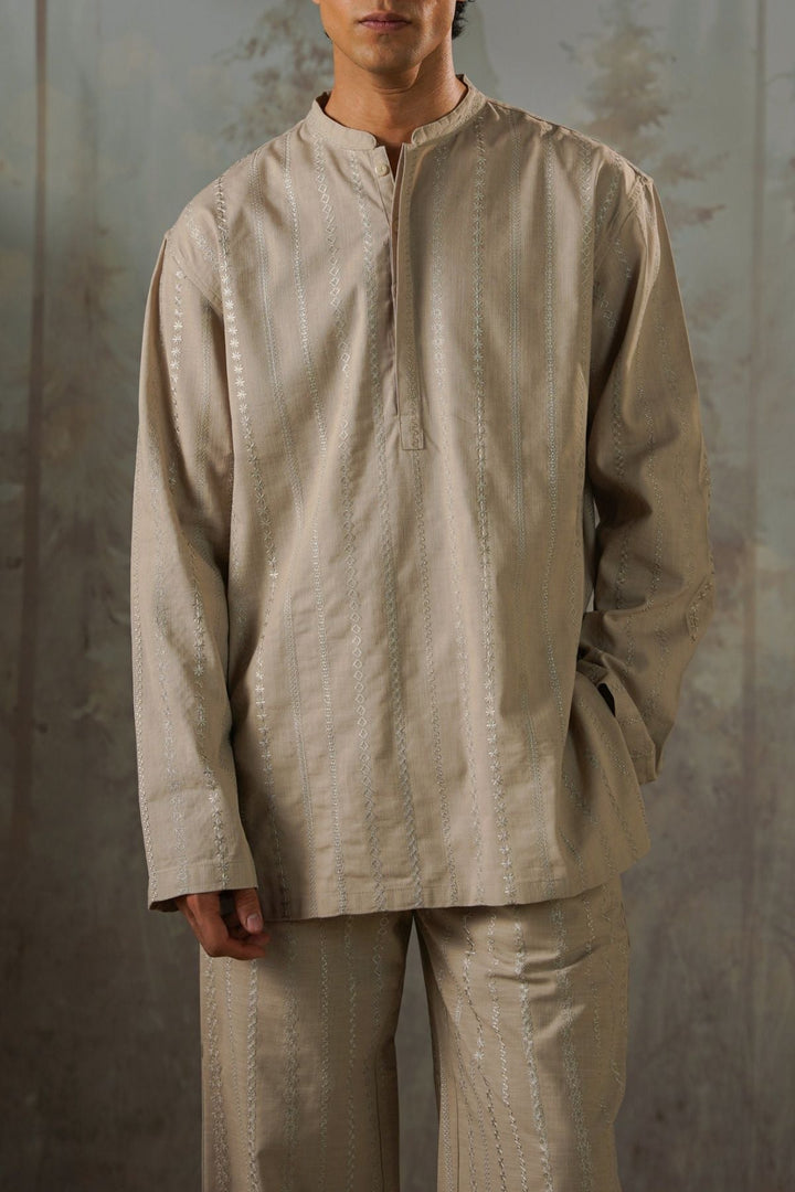 BEIGE EMBROIDERED HALF PLACKET SHIRT