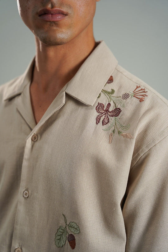 BEIGE EMBROIDERED DOBBY SHIRT