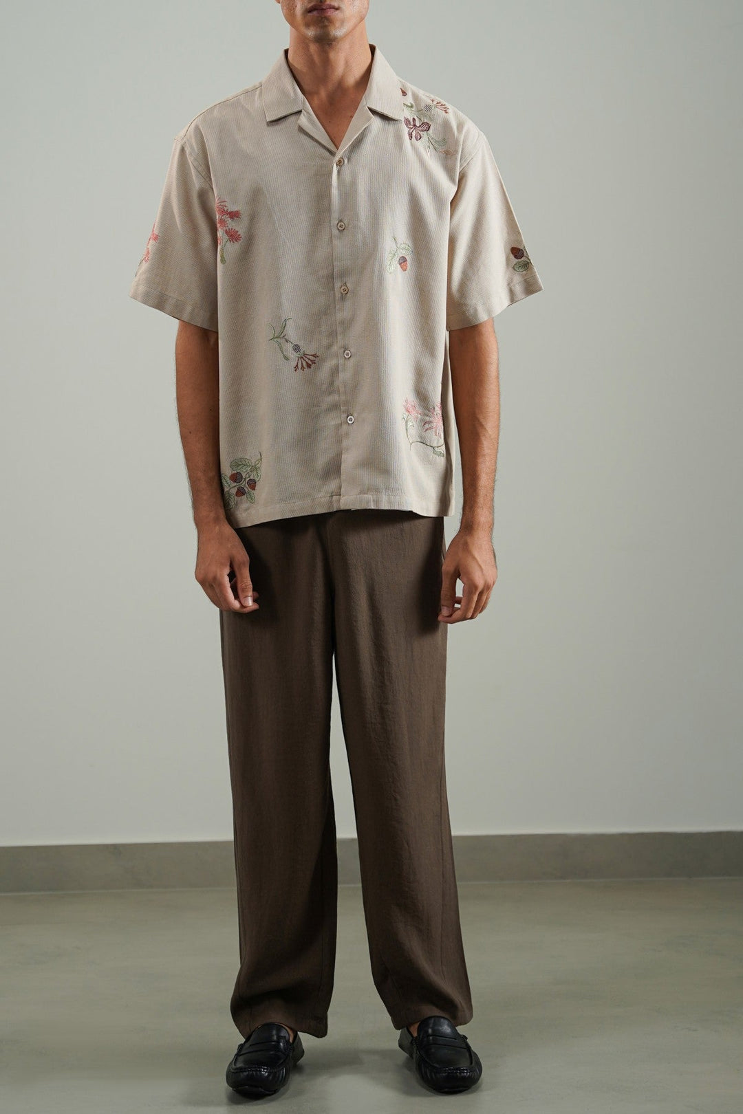 BEIGE EMBROIDERED DOBBY SHIRT