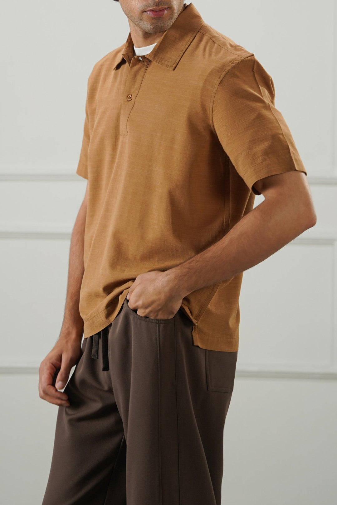 OCHRE BROWN QUARTER PLACKET SHIRT