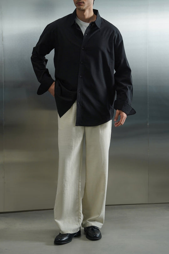 BLACK FLOWY COTTON BLEND SHIRT