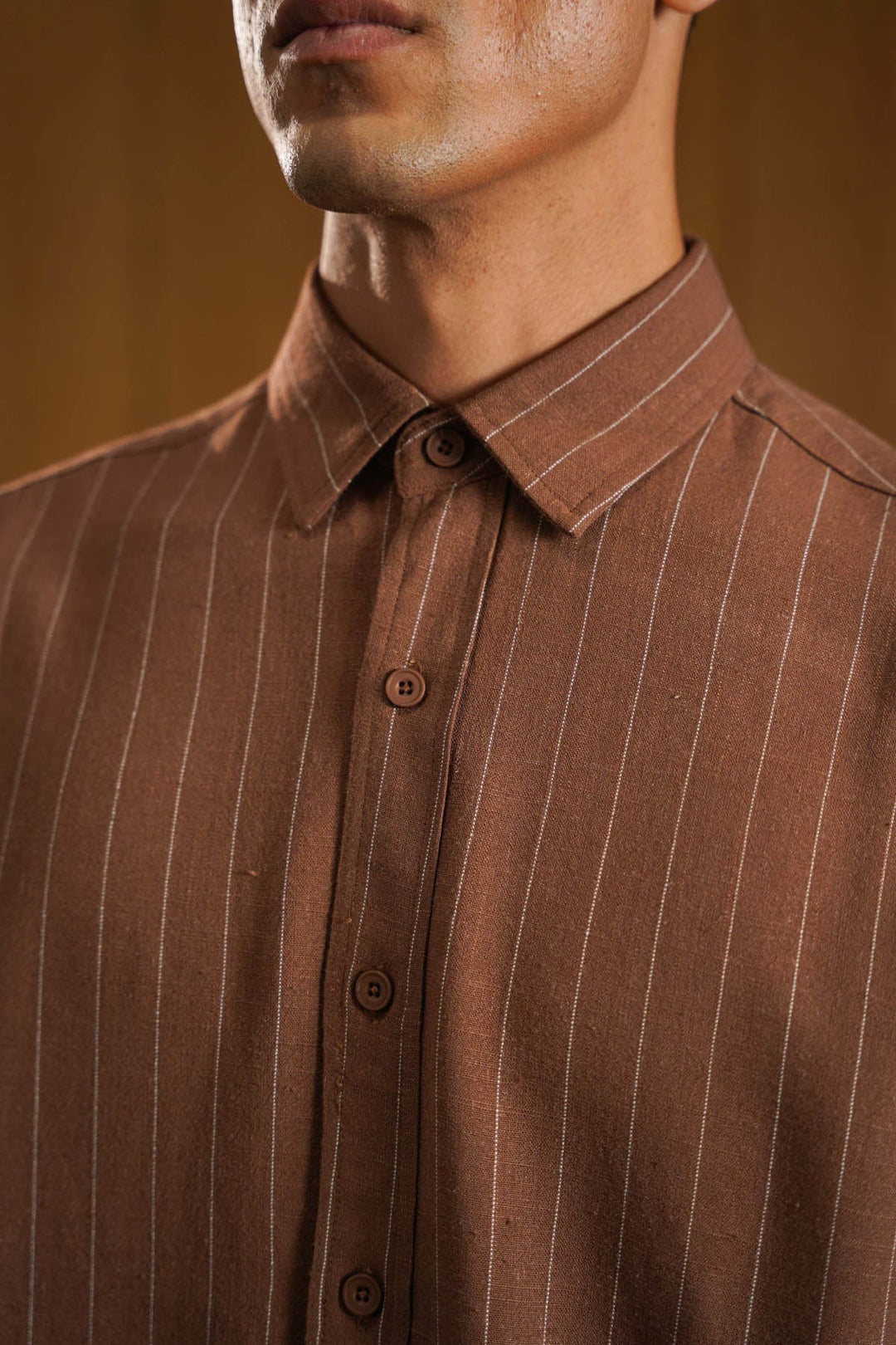 BROWN PINSTRIPE SHIRT WITH LINEN