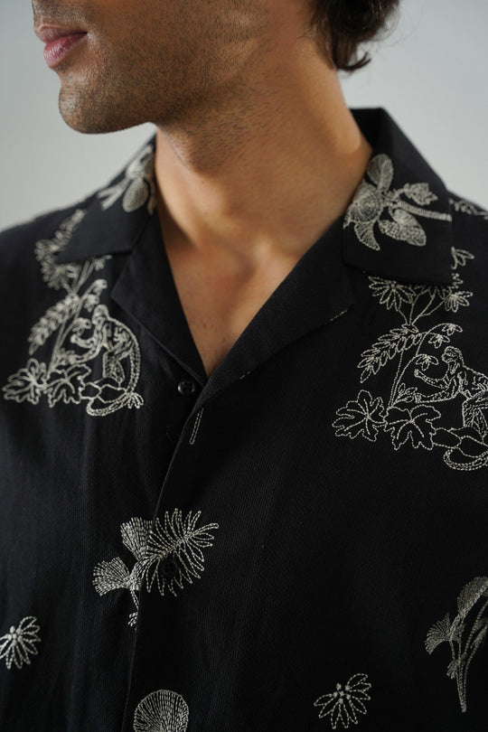 BLACK EMBROIDERED DOBBY SHIRT