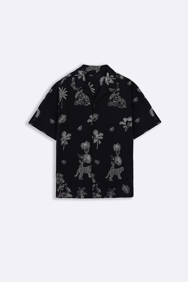 BLACK EMBROIDERED DOBBY SHIRT