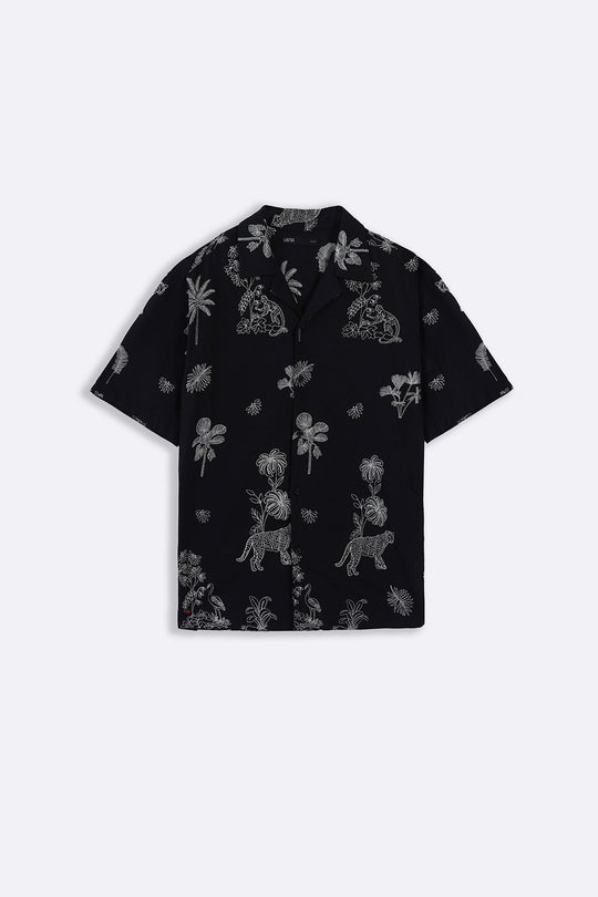 BLACK EMBROIDERED DOBBY SHIRT