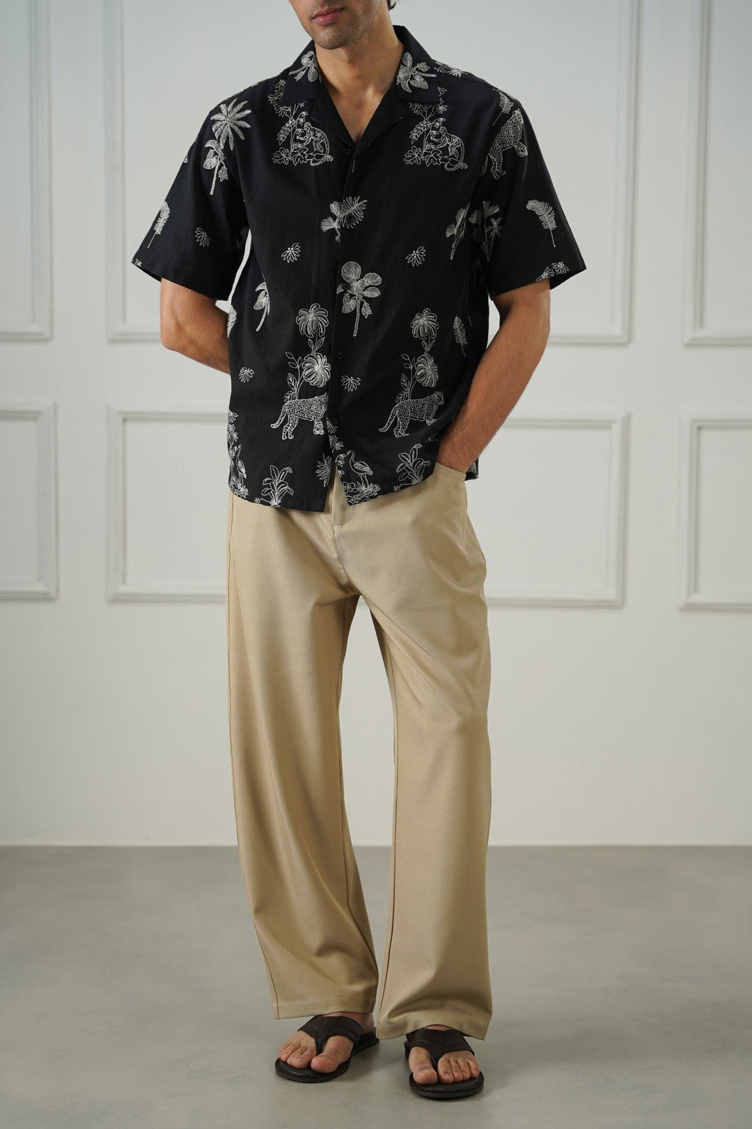 BLACK EMBROIDERED DOBBY SHIRT