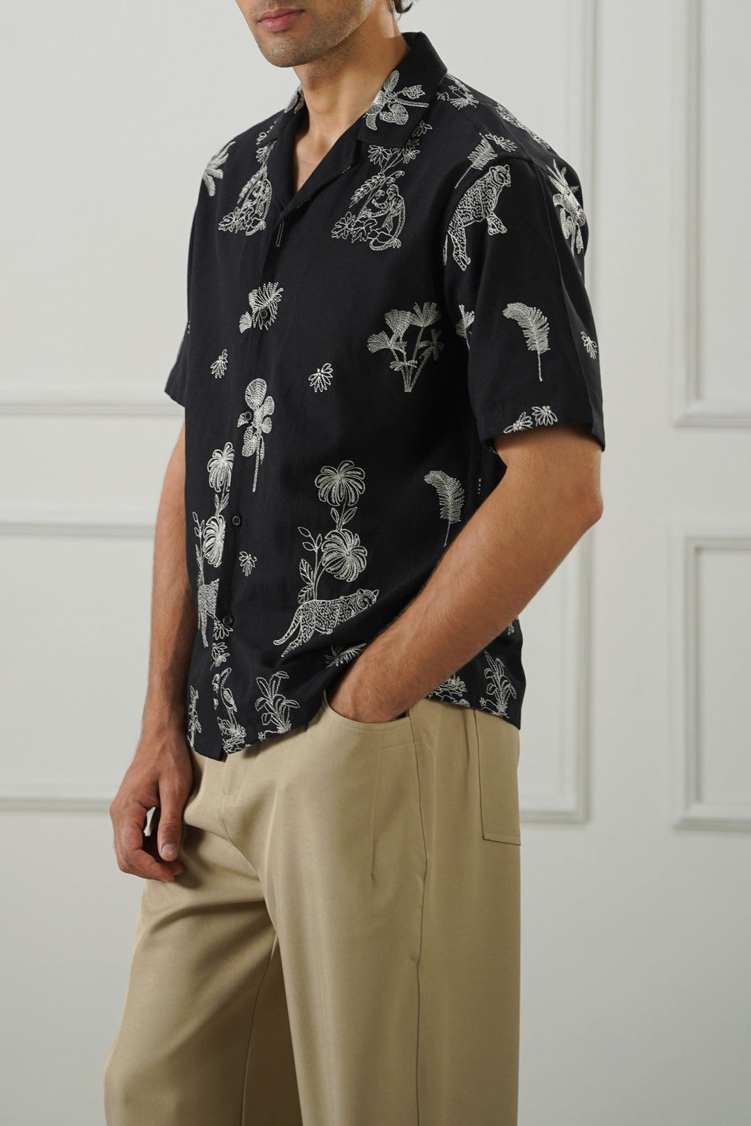 BLACK EMBROIDERED DOBBY SHIRT