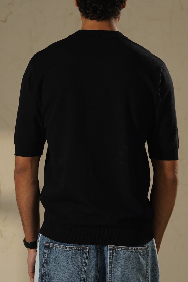 BLACK SOFT KNIT HENLEY SHIRT