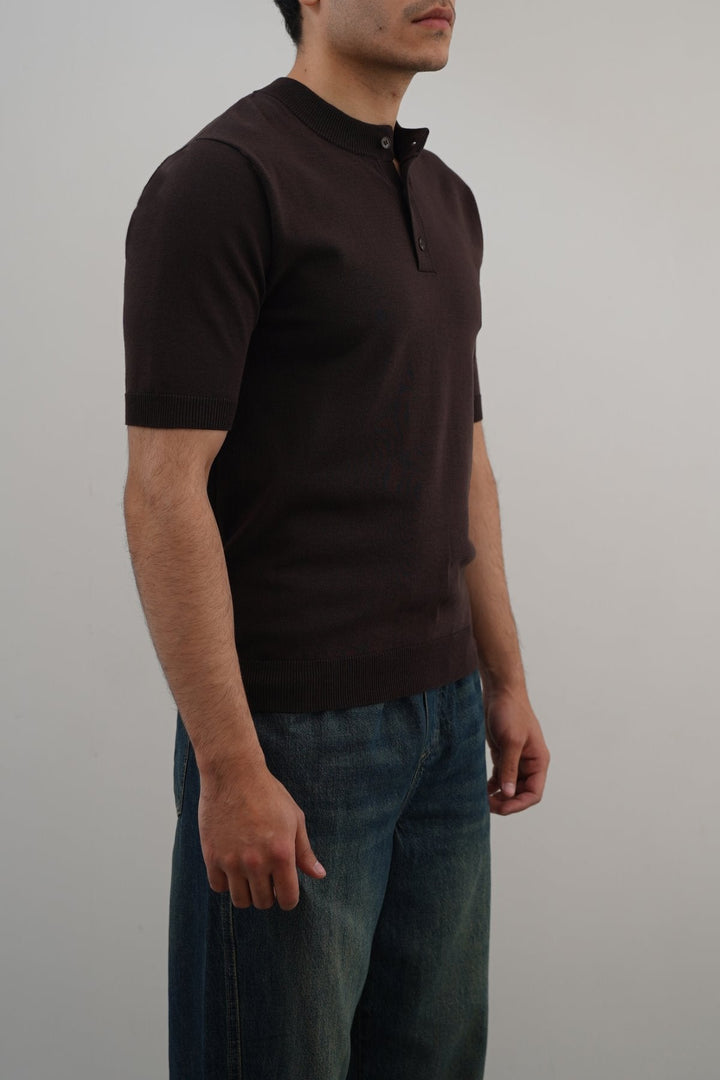 DARK BROWN SOFT KNIT HENLEY SHIRT