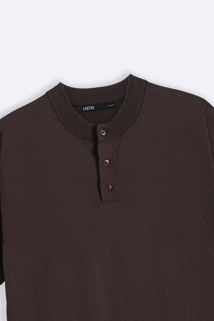 DARK BROWN SOFT KNIT HENLEY SHIRT