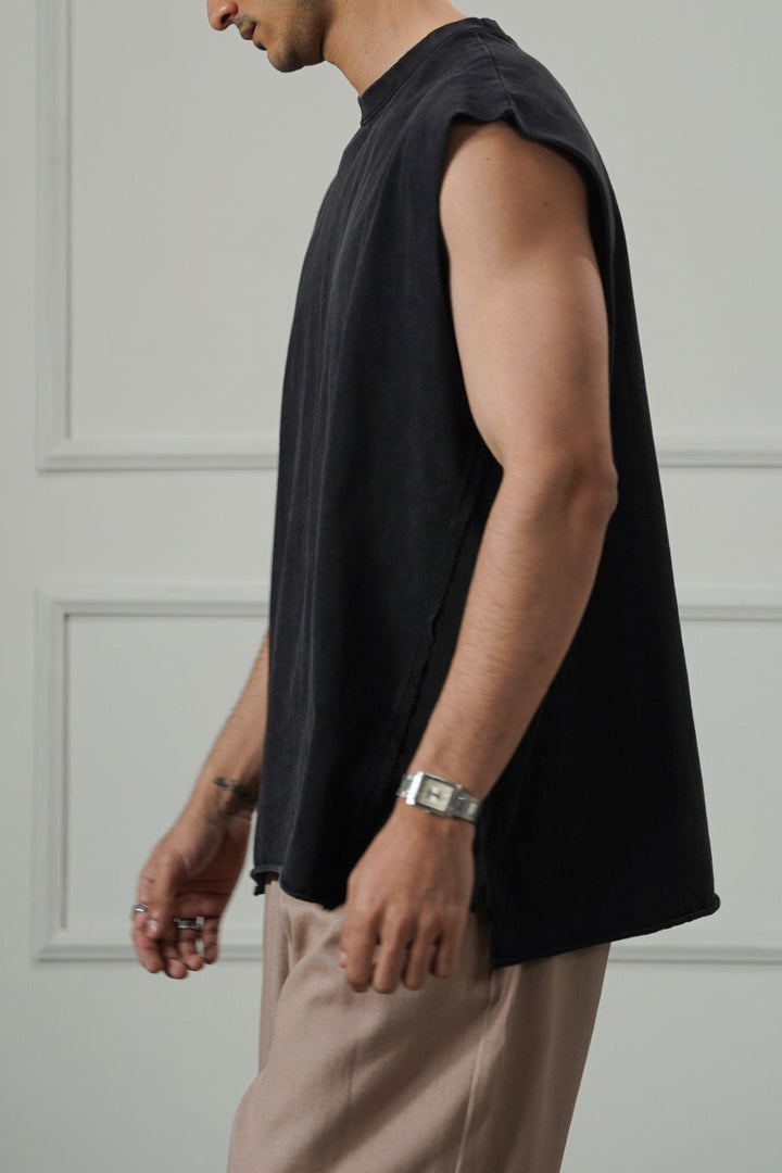 CHARCOAL WASHED EFFECT SLEEVELESS TEE