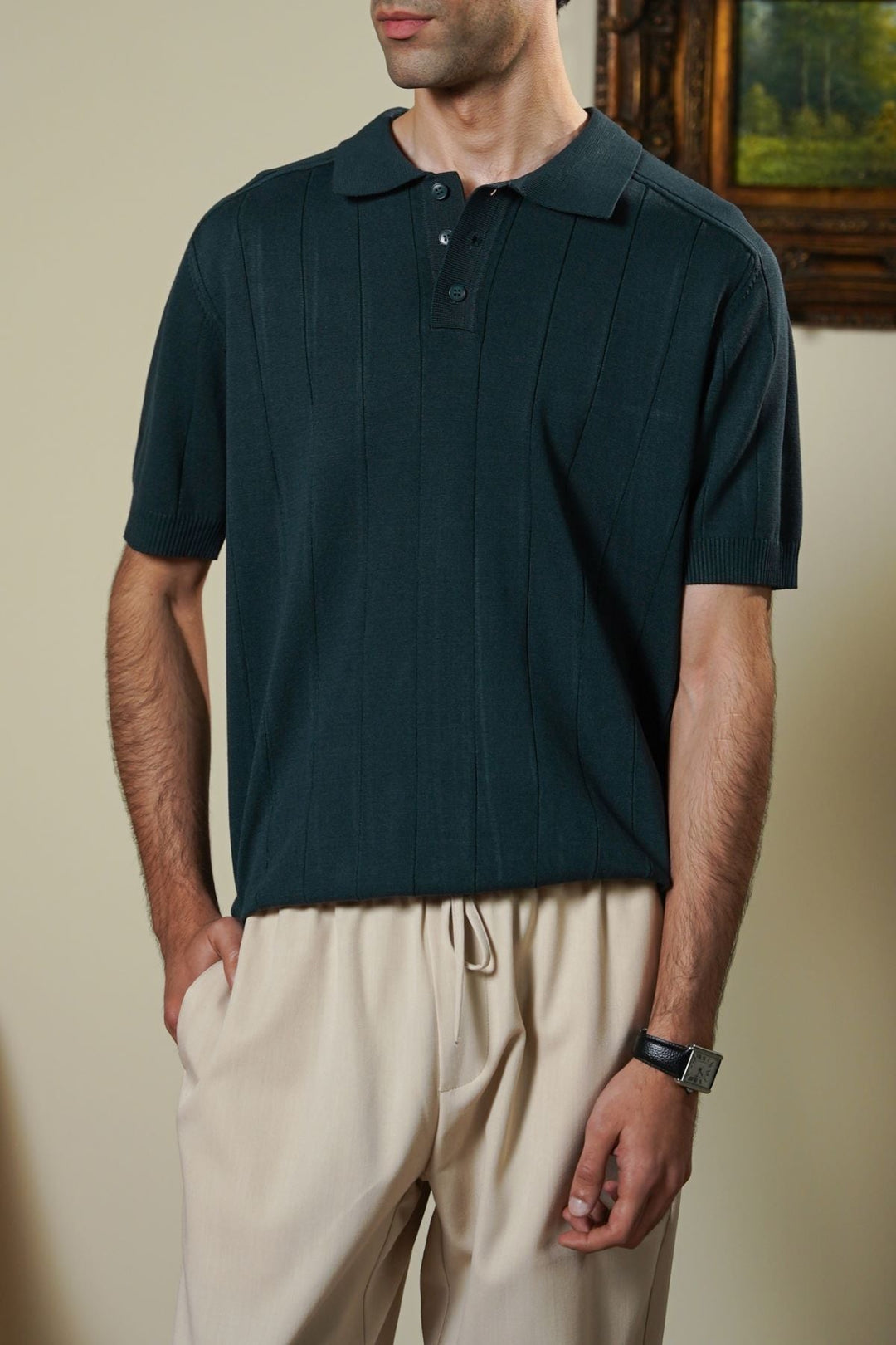 FOREST GREEN VERTICAL TEXTURED POLO