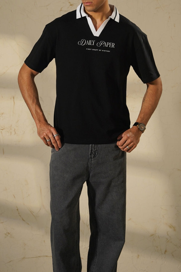 BLACK PRINTED POLO TEE
