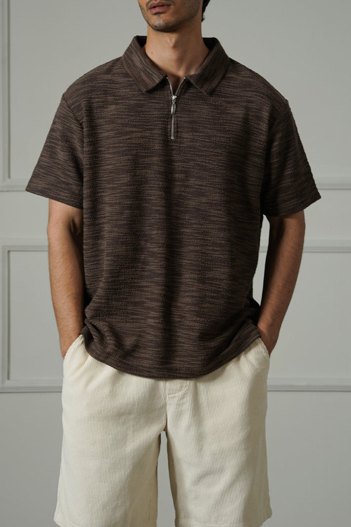DARK BROWN TEXTURED ZIPPER POLO