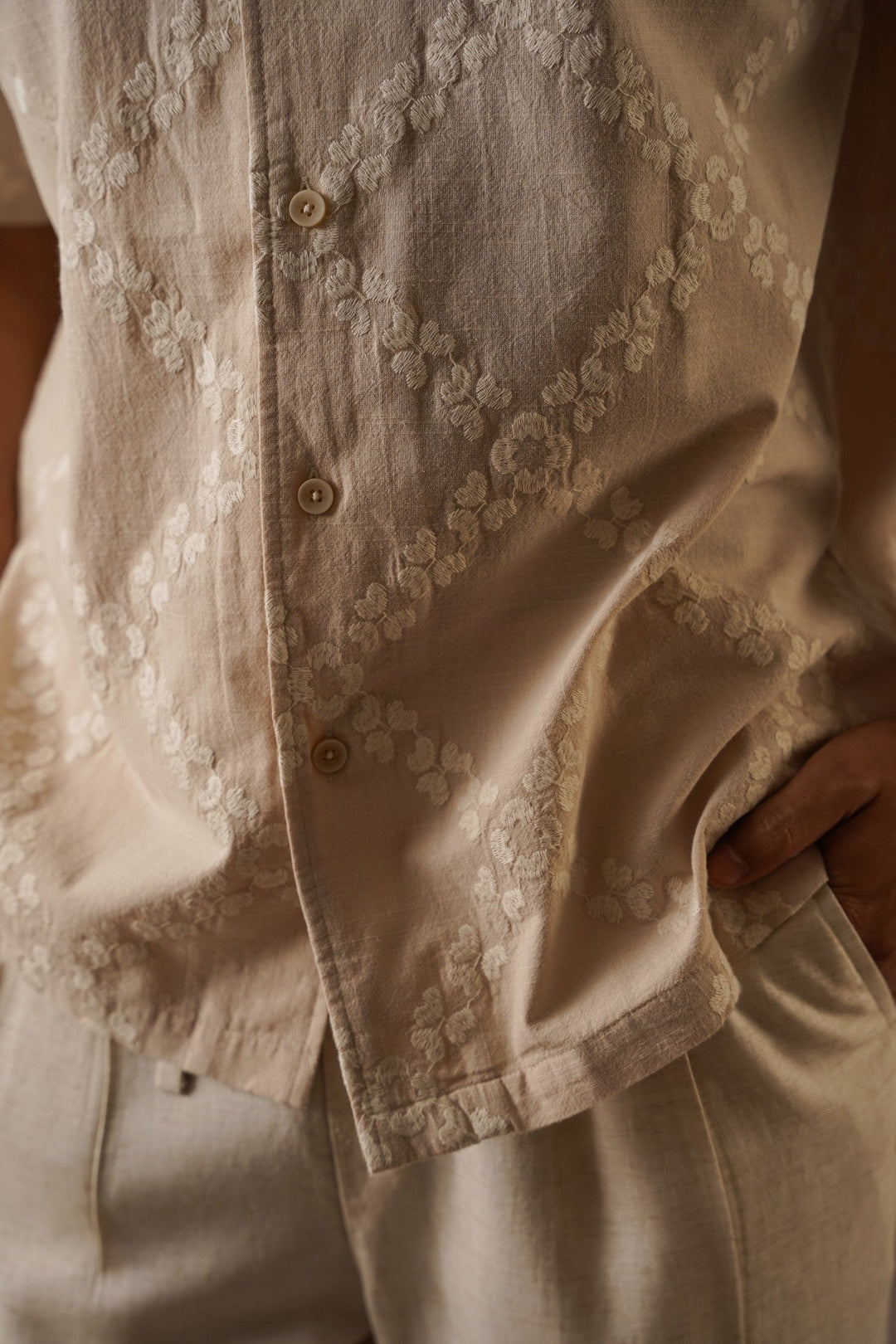 BEIGE MONTEGO BAY EMBROIDERED SHIRT