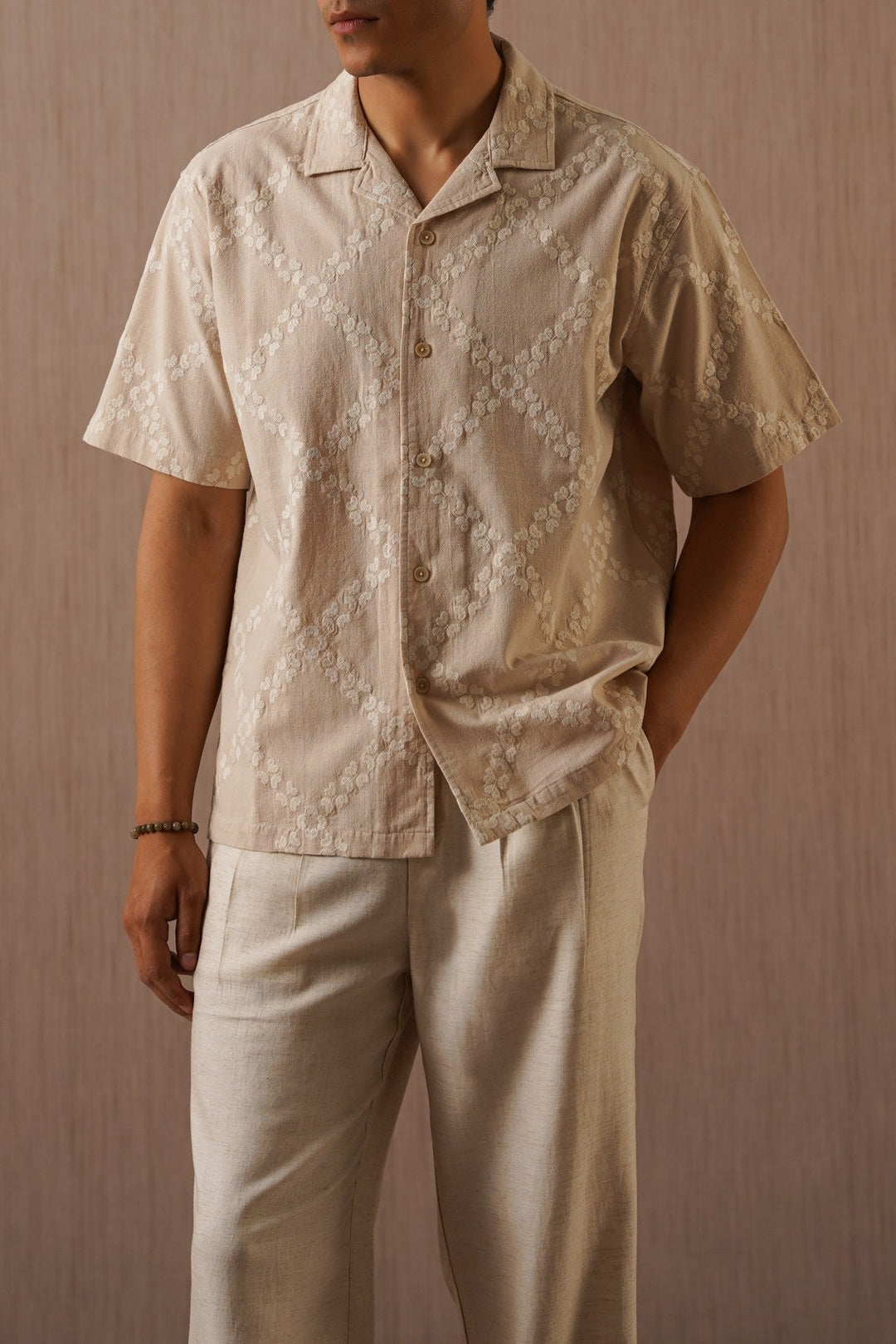 BEIGE MONTEGO BAY EMBROIDERED SHIRT