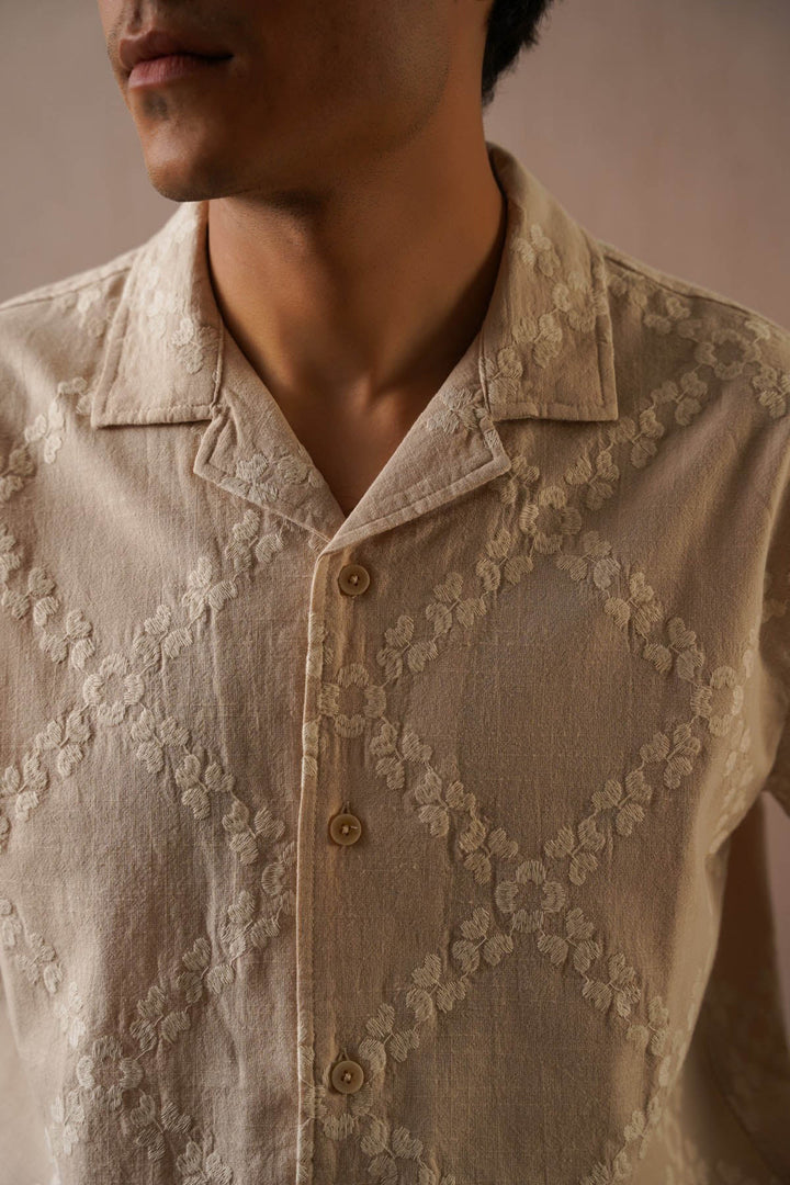 BEIGE MONTEGO BAY EMBROIDERED SHIRT