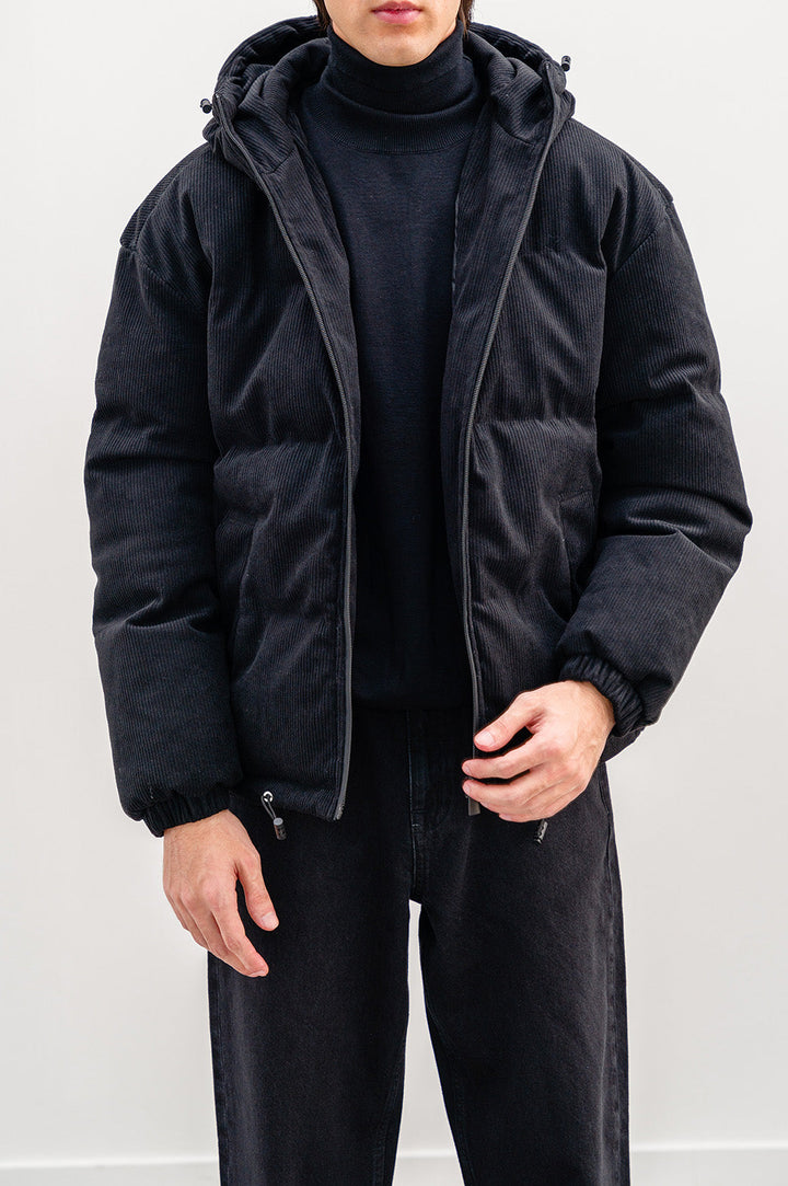 BLACK CORDUROY PUFFER JACKET