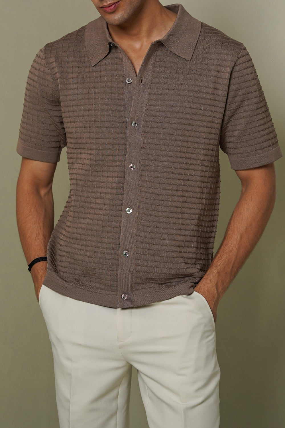 ASH BROWN WAFFLE-KNIT SHIRT