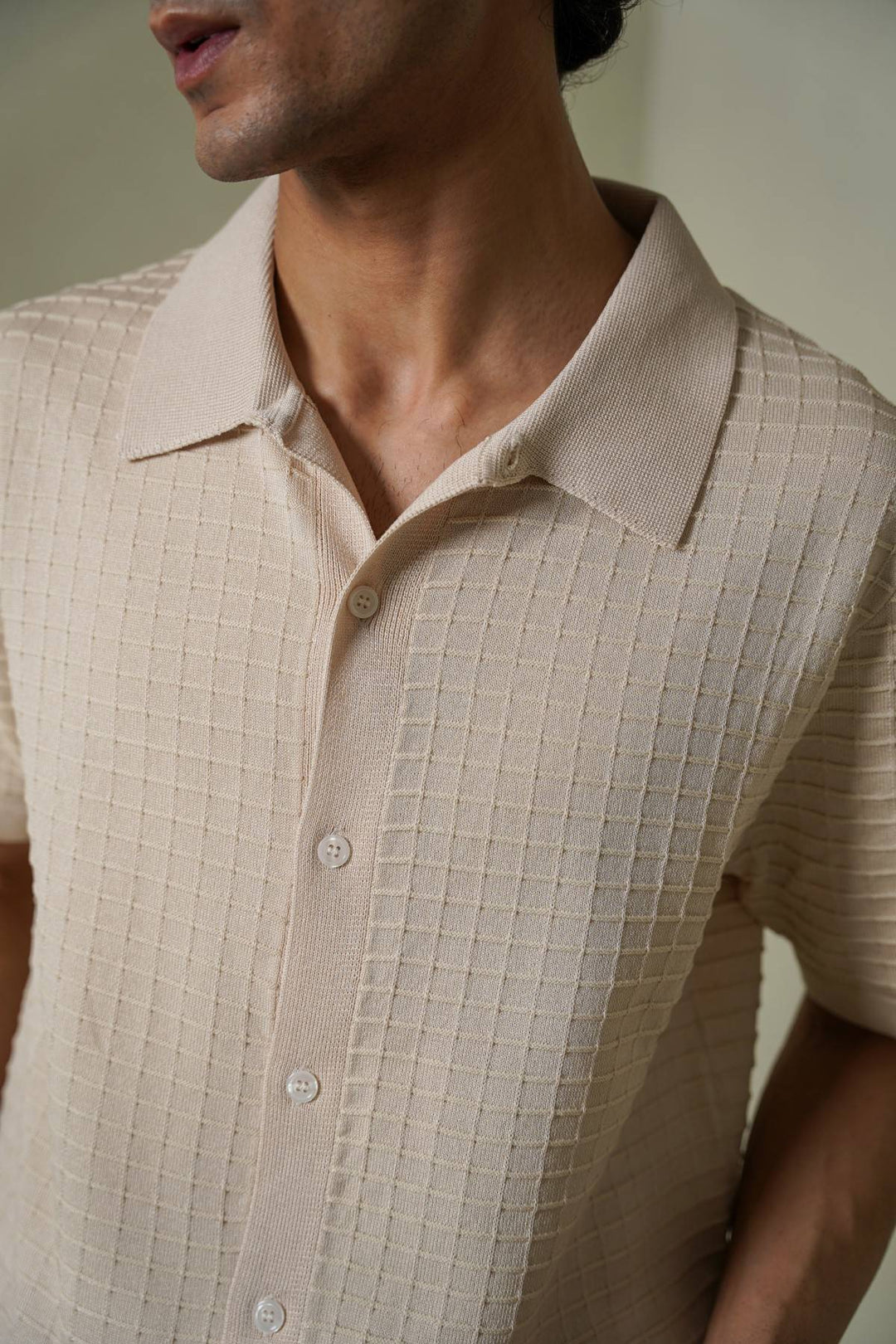CREAM WAFFLE-KNIT SHIRT