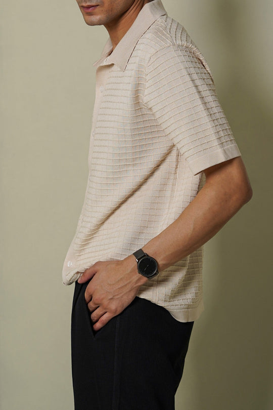 CREAM WAFFLE-KNIT SHIRT