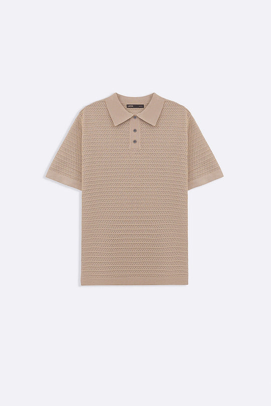 BEIGE KNITTED MESH POLO