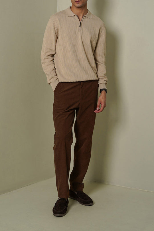 BEIGE RIPPLE-KNIT POLO SWEATER